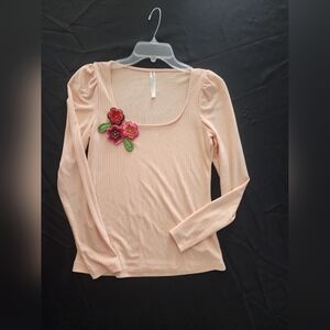 Anthropologie long sleeved light peach top with handmade crochet flowers size XS